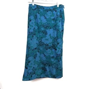 Vintage 60s Blue Floral Pencil Midi Skirt